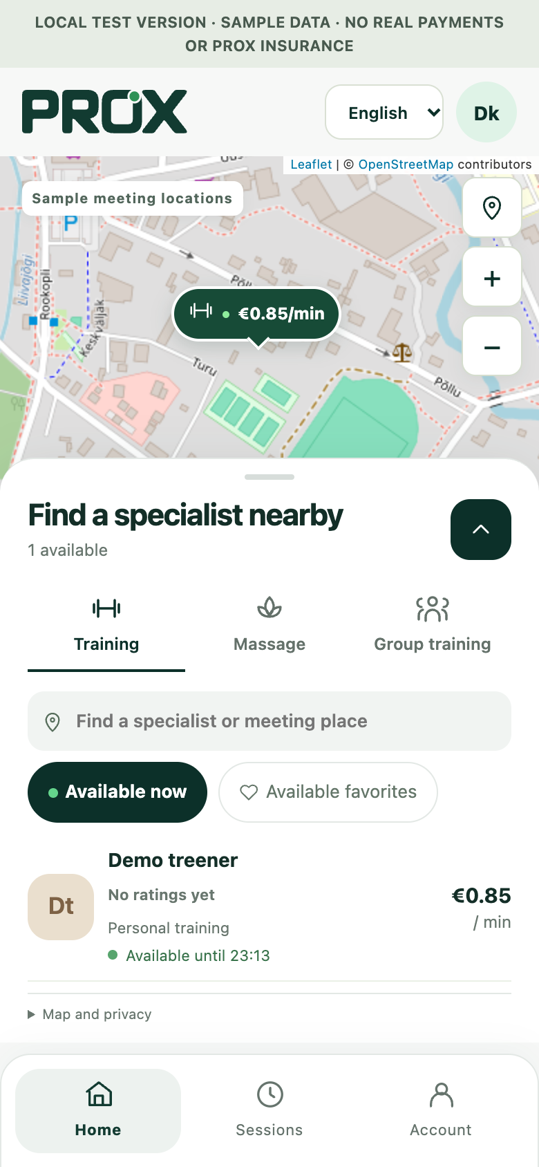 PROX client app: a map of sample meeting locations and a nearby demo specialist.