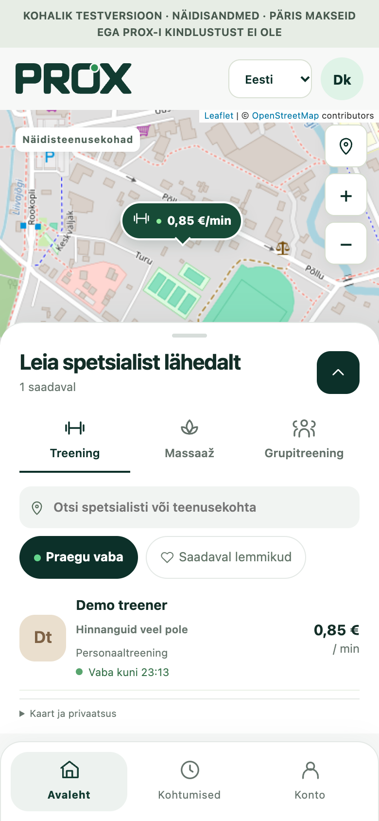 PROXi kliendiäpp: näidiskohtumiskohtade kaart ja lähedal olev näidisspetsialist.