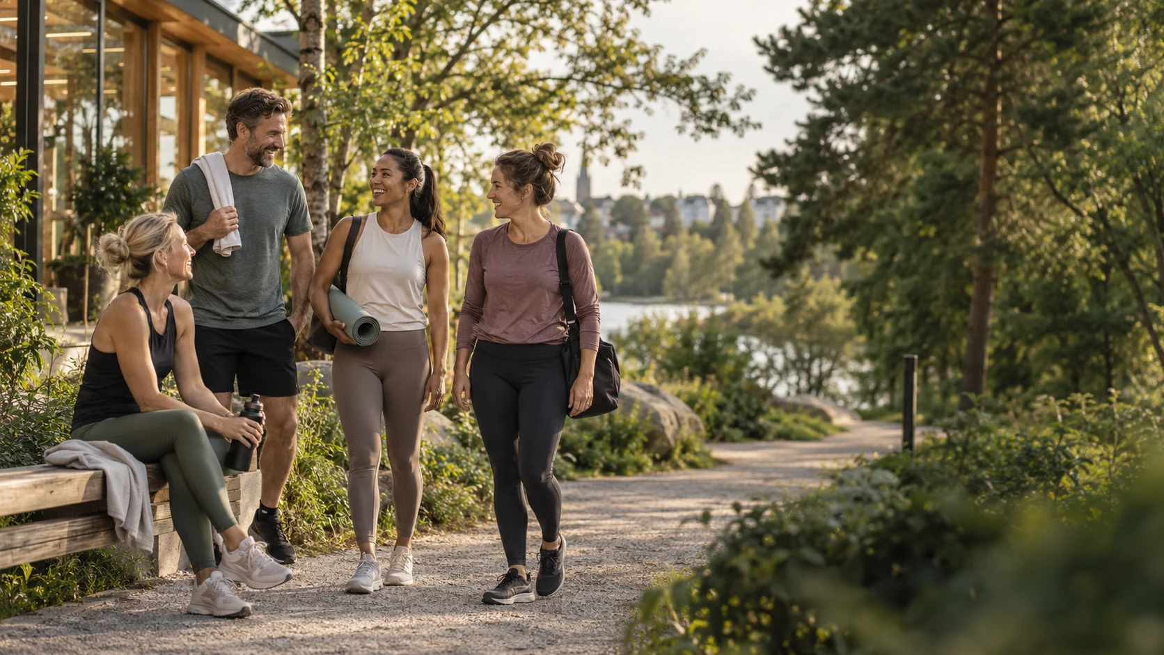 Illustrative scene: friends share a relaxed moment after exercise outside a wellbeing studio.