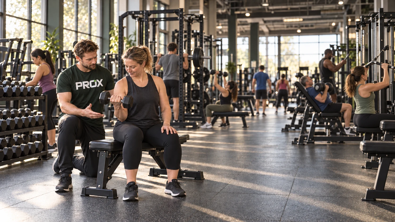 Illustrative scene: a PROX coach guiding a client in a gym.