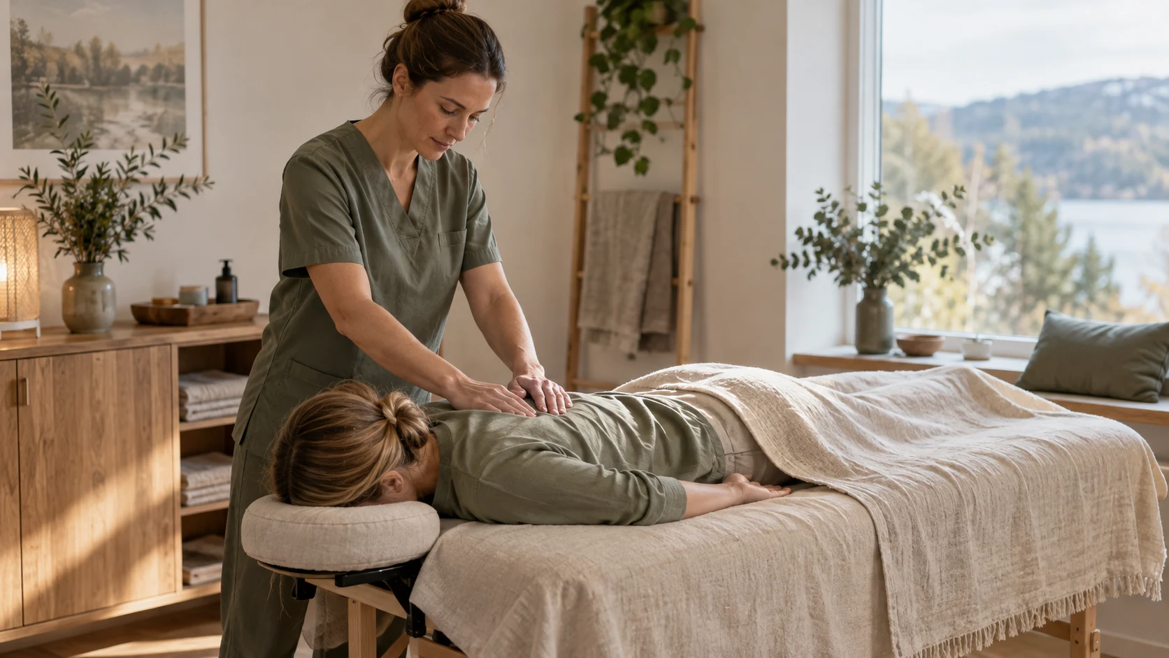 Illustrative scene: a professional massage in a calm spa-like salon.