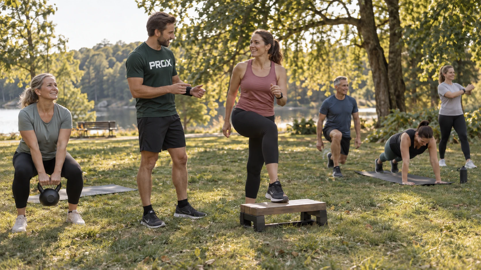 Illustrative scene: a coach wearing a PROX shirt guides adults in an outdoor circuit workout.